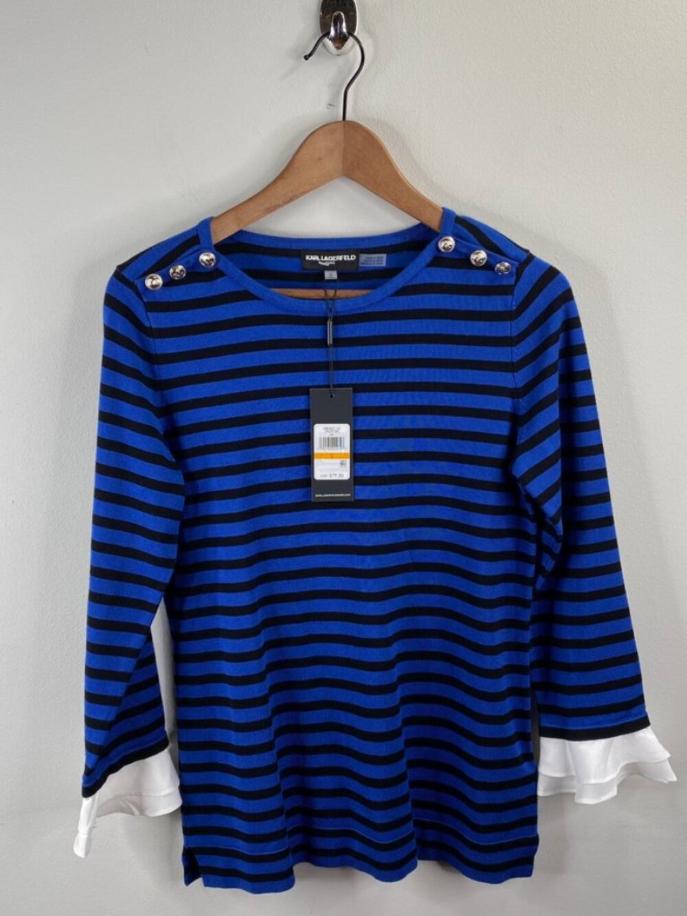 Karl Lagerfeld Striped Ruffle Cuff Sweater Size S - Picture 7 of 7